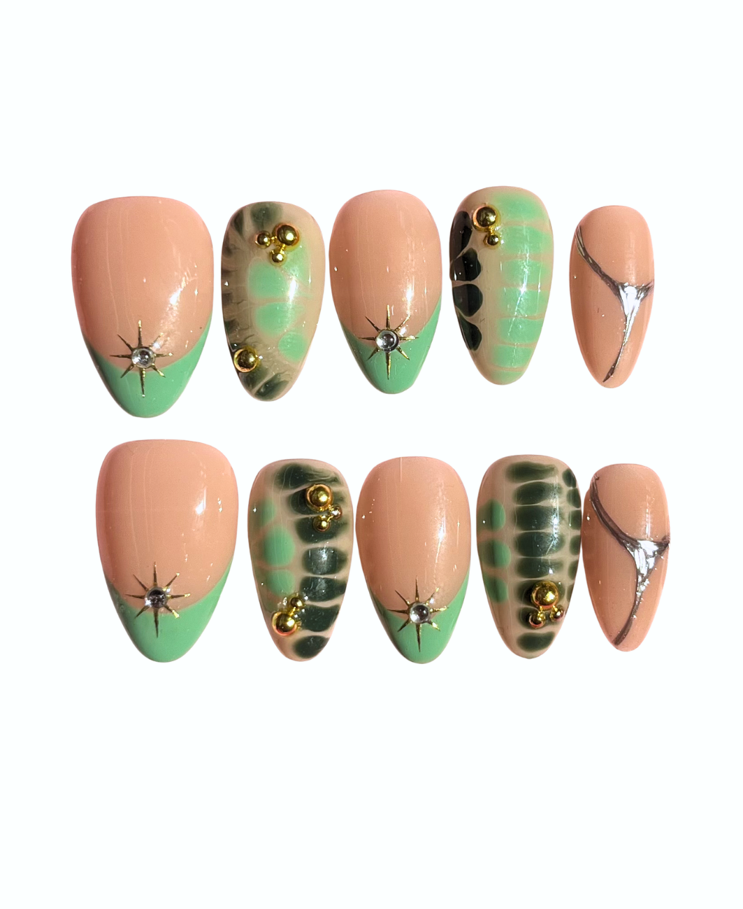 Mint Clover almond handcrafted press-on nails by The Pink Nails — green solid color design