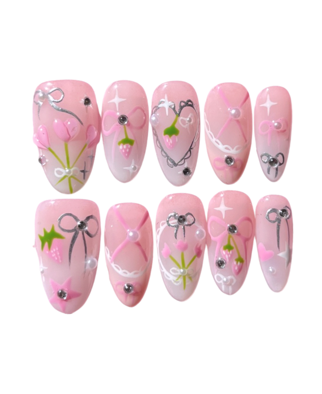 Strawberry Blush almond handcrafted press-on nails by The Pink Nails — pink solid color design