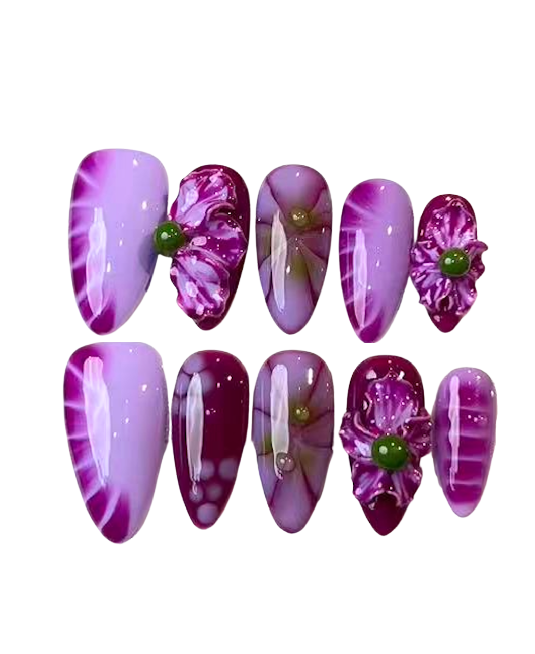 Violet Tie-Dye almond handcrafted press-on nails by The Pink Nails — multicolor abstract design