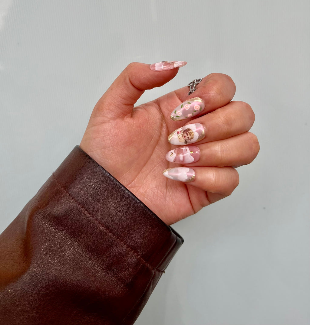 Angel Baby almond handcrafted press-on nails by The Pink Nails — pink floral design