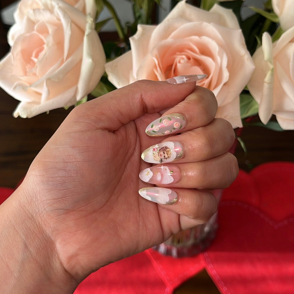Angel Baby almond handcrafted press-on nails by The Pink Nails — pink floral design