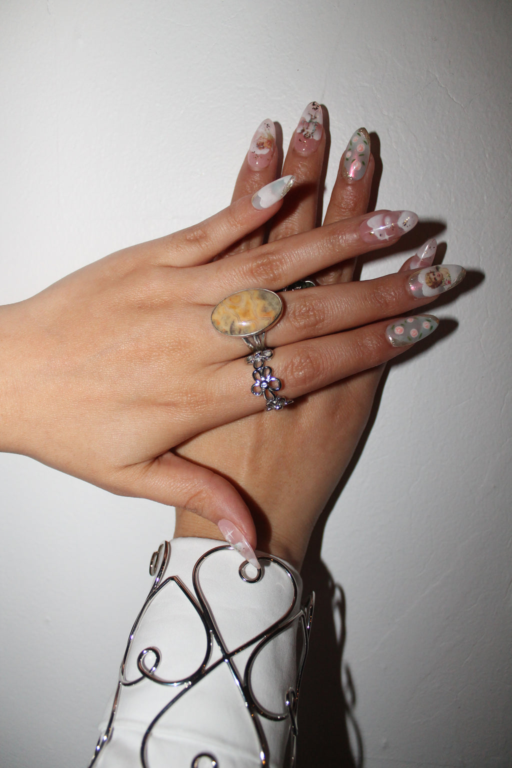 Angel Baby almond handcrafted press-on nails by The Pink Nails — pink floral design